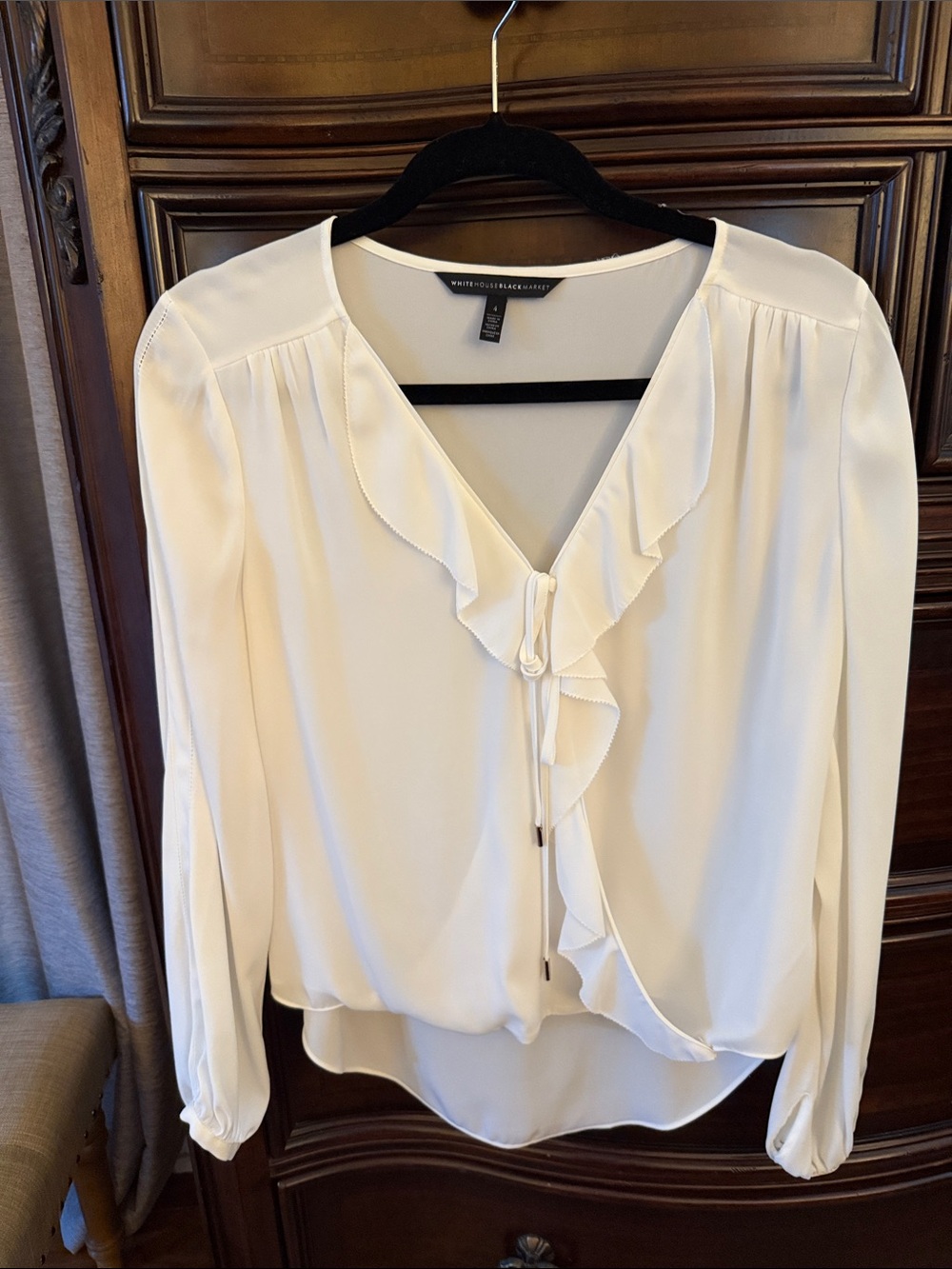 White House Black Market Cream Ruffle V-Neck Tie Blouse